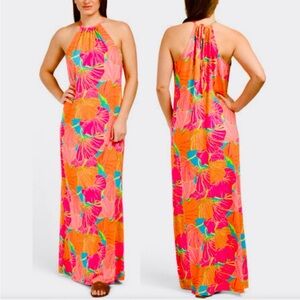 NWT Trina Turk Milan Gingko floral halter maxi dress, size Large Beautiful Color